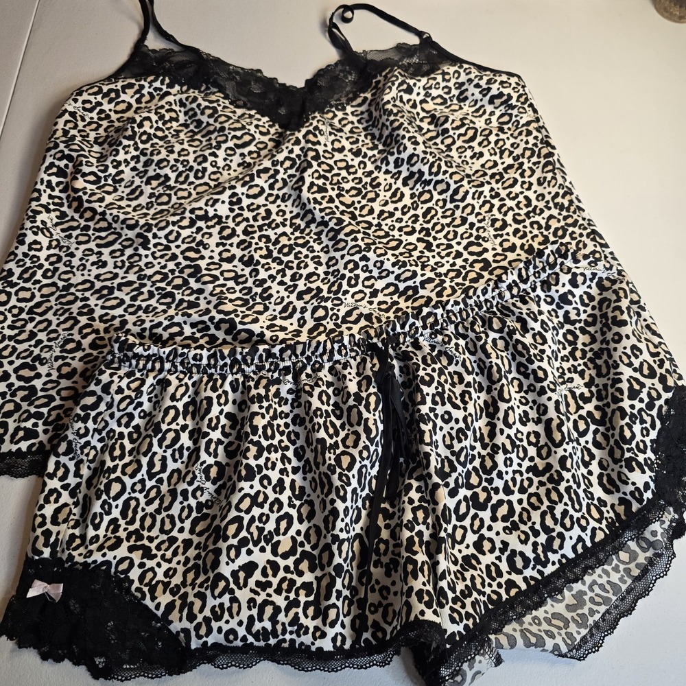 Victoria's Secret Satin Lace Cami &‎ Flutter Shorts Set Large Lingerie Cheetah